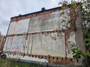 Image showing tree growing through a beam pocket in masonry wall