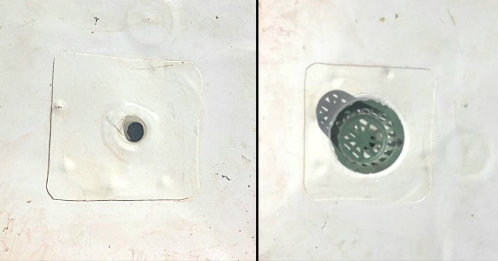 The picture shows a roof drain, an internal roof drain, with the dome strainer cap removed on the left side and with the strainer in place in the photo on the right side TPO roof membrane with an internal drain